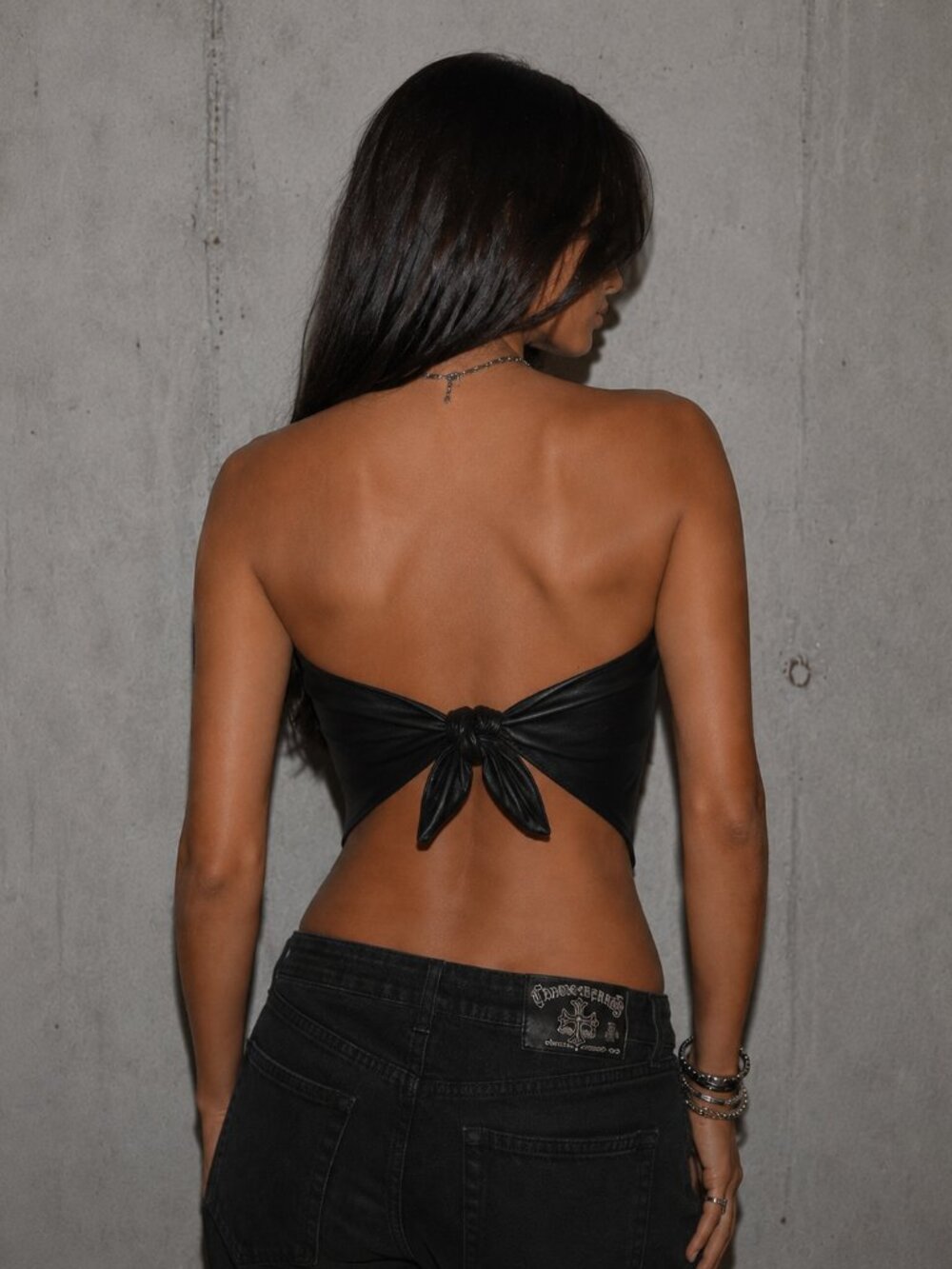 DYNAMITE Faux Leather Scarf Top | NWT | Black Tie-Back Bandana Top | Y2K | CHIC - Picture 2 of 5